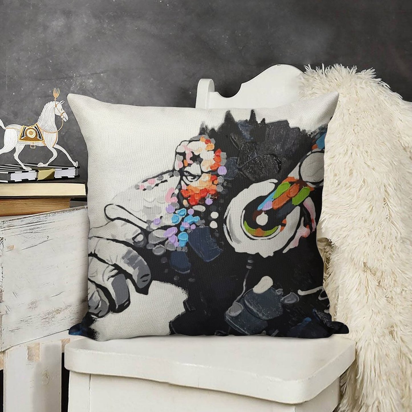 Banksy DJ Monkey Thinker with Headphones White Linen Throw Pillow Cover