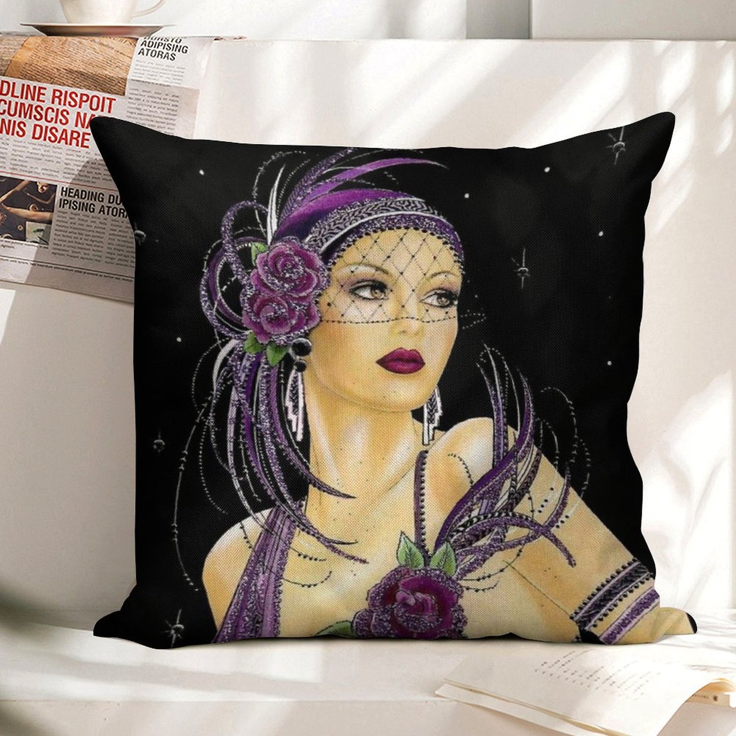 FLAPPER  Vintage 1930 Art Deco Print Linen Throw Pillow Cover