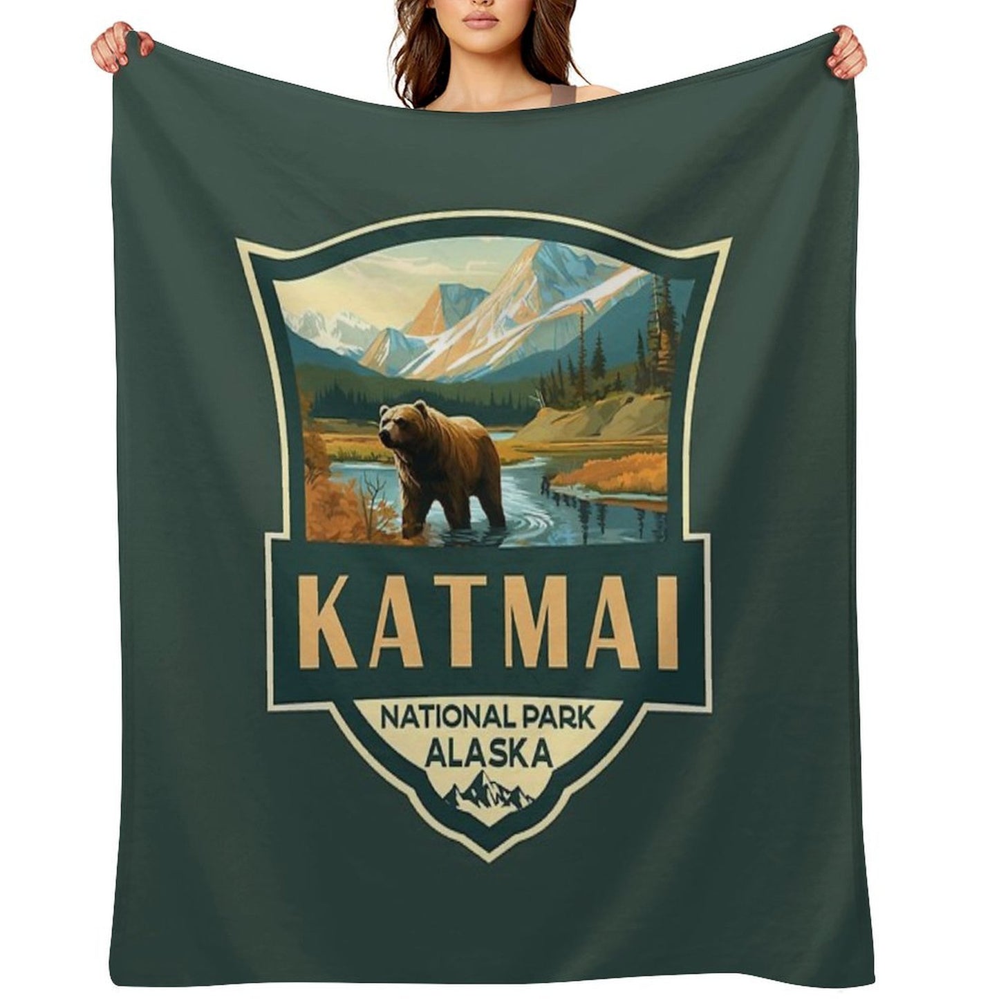 Katmai National Park Illustration Retro Badge Throw Blanket