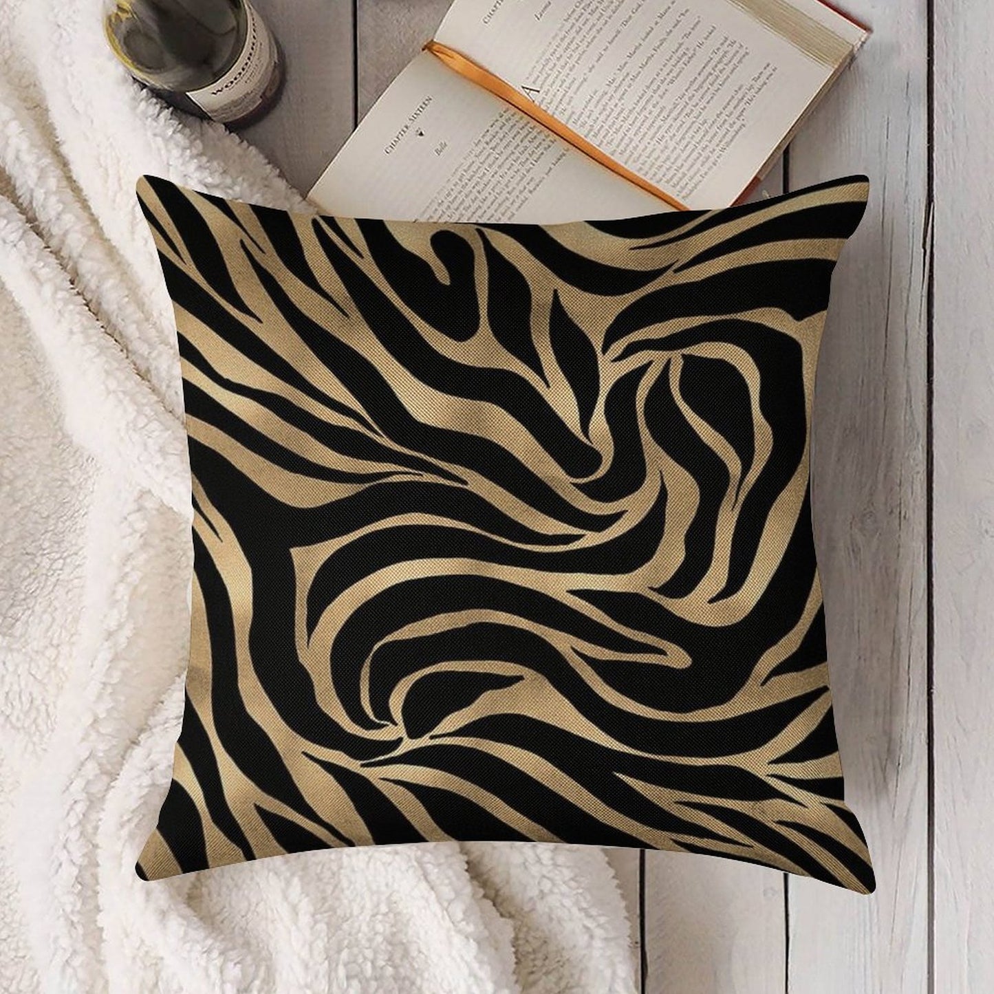 Elegant Metallic Gold Zebra Black Animal Print Linen Throw Pillow Cover
