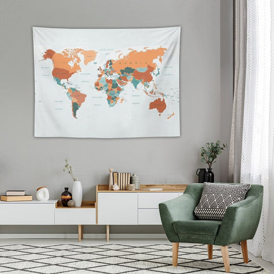 Map of The World in Burnt Orange And Teal Tapestry