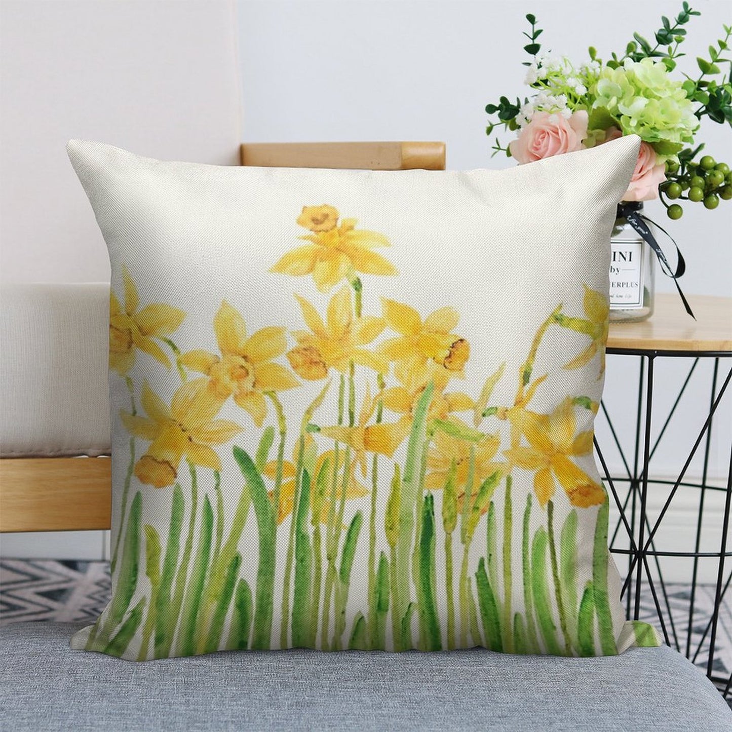 Hand Painted Yellow Daffodils Field Watercolor Linen Throw Pillow Cover