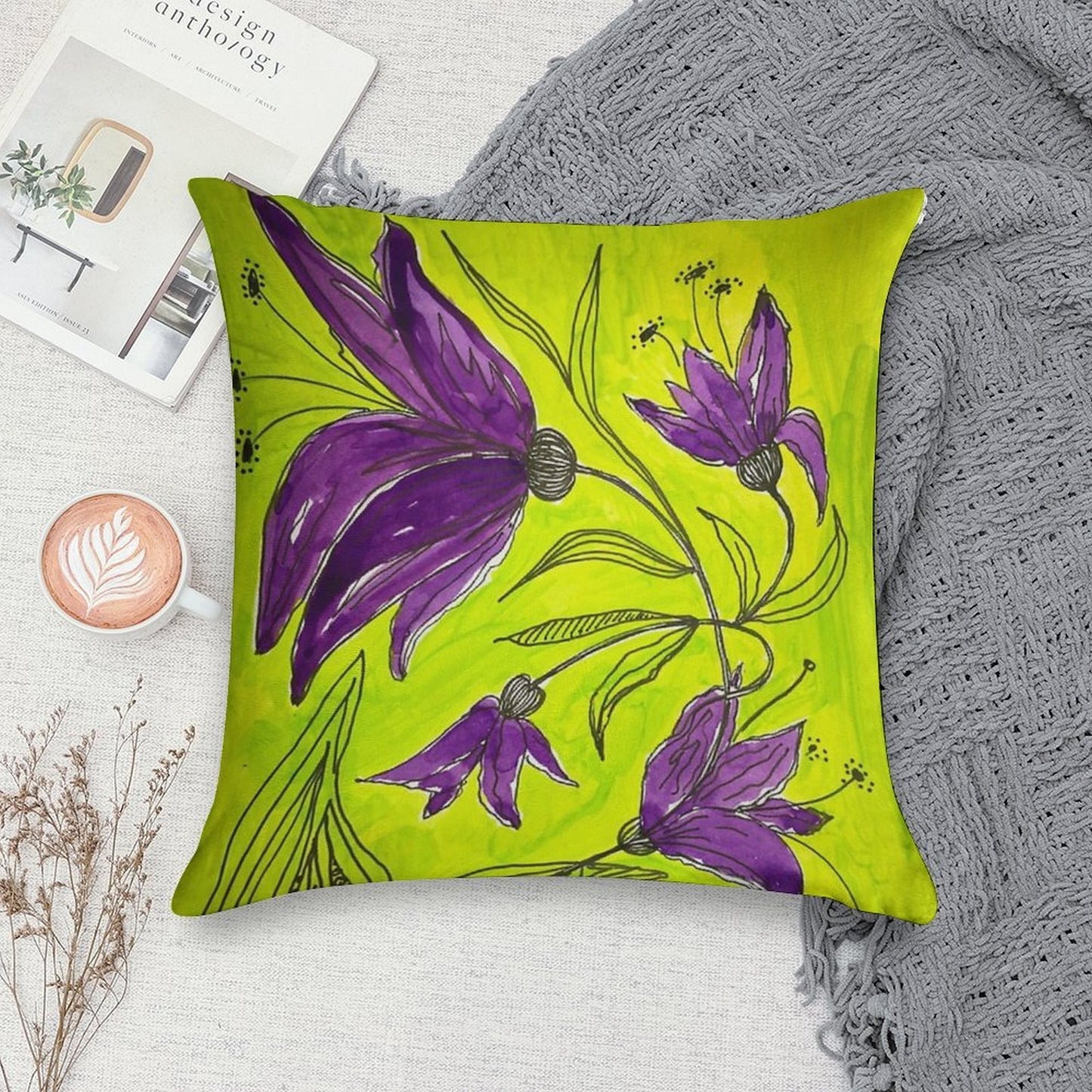 Botanical Lime Green And Purple Soft Easy Maintenance Throw Pillow