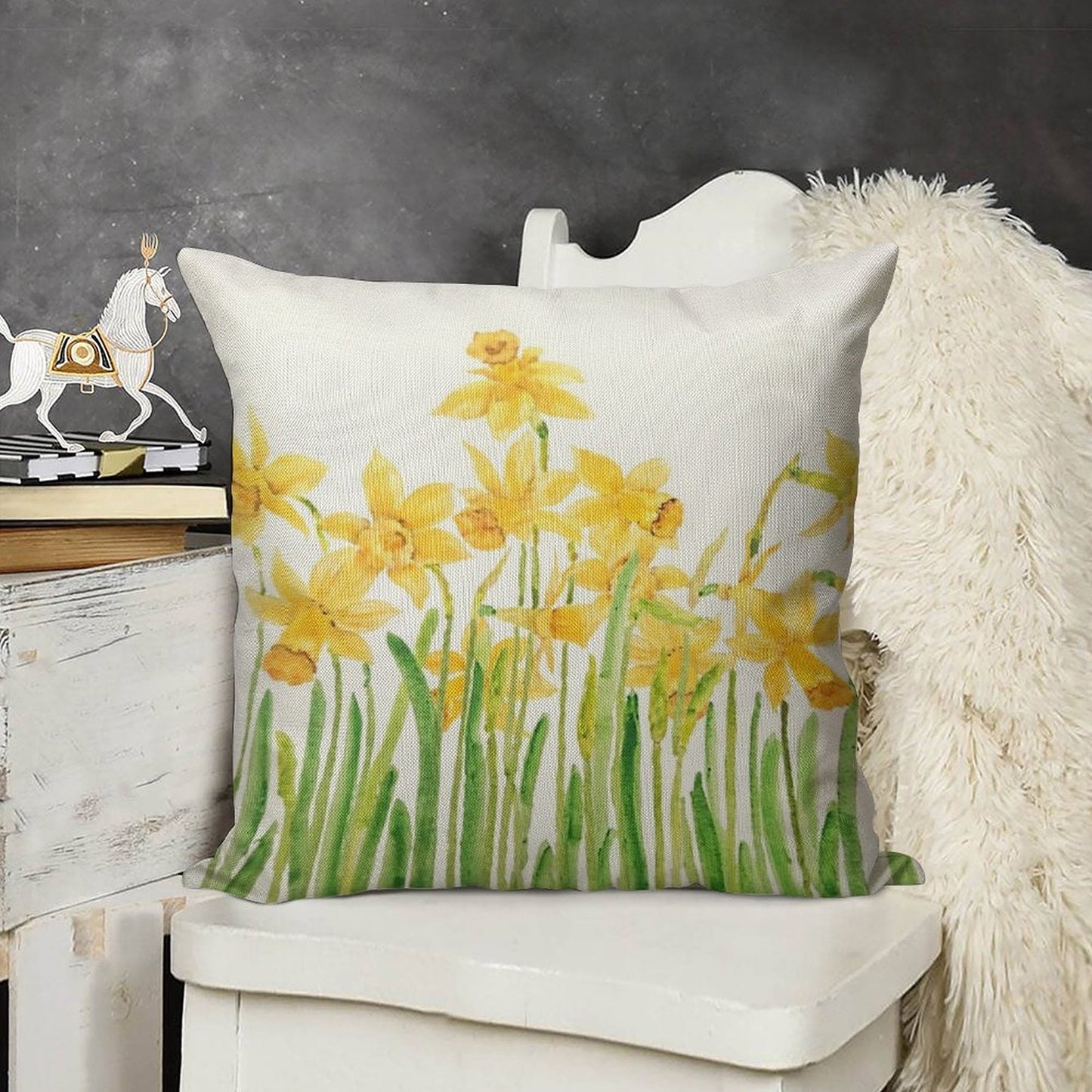 Hand Painted Yellow Daffodils Field Watercolor Linen Throw Pillow Cover