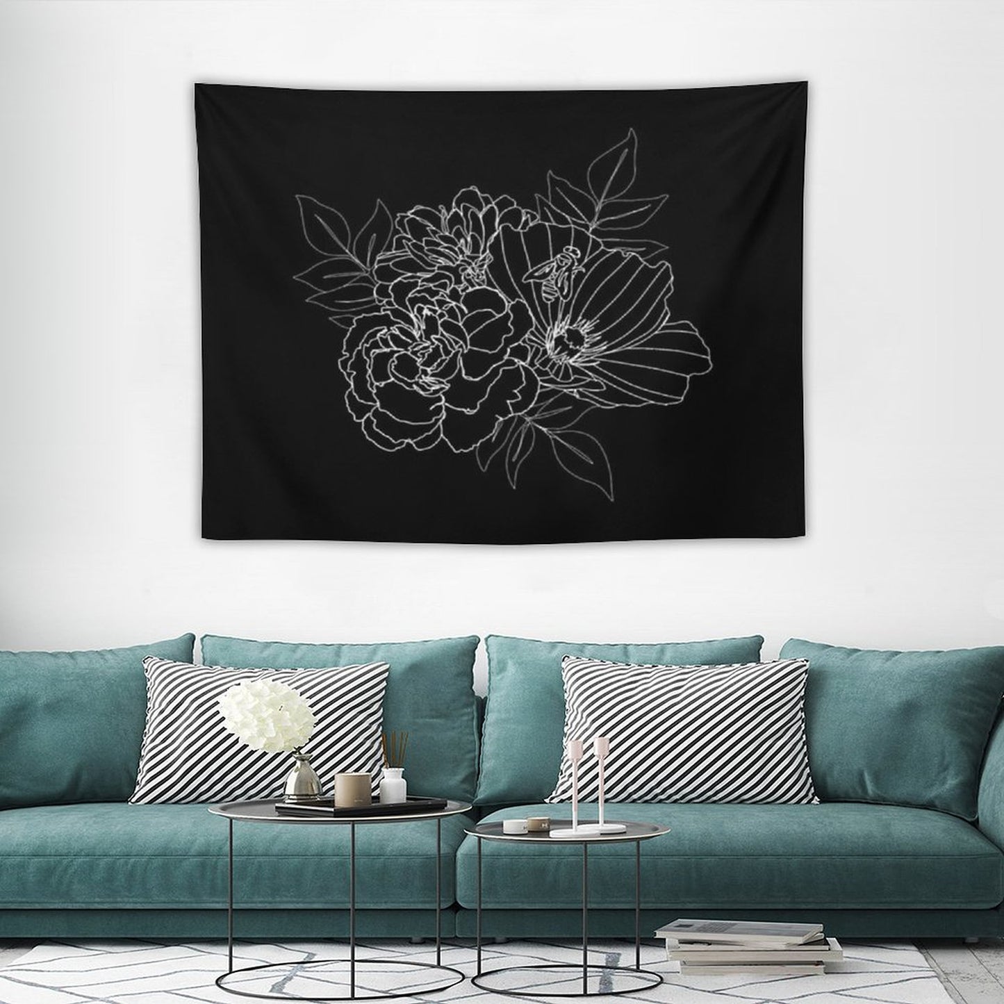 Black Floral Arrangment Tapestry