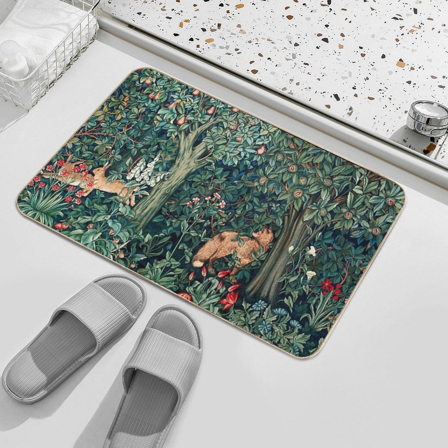 GREENERY, FOREST ANIMALS Fox And Hares Blue Green Floral Tapestry Bath Mat