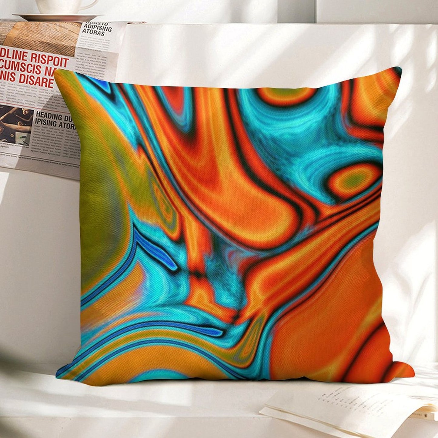 Vivid Modern Southwest Hipster Turquoise Orange Swirls Linen Throw Pillow Cover