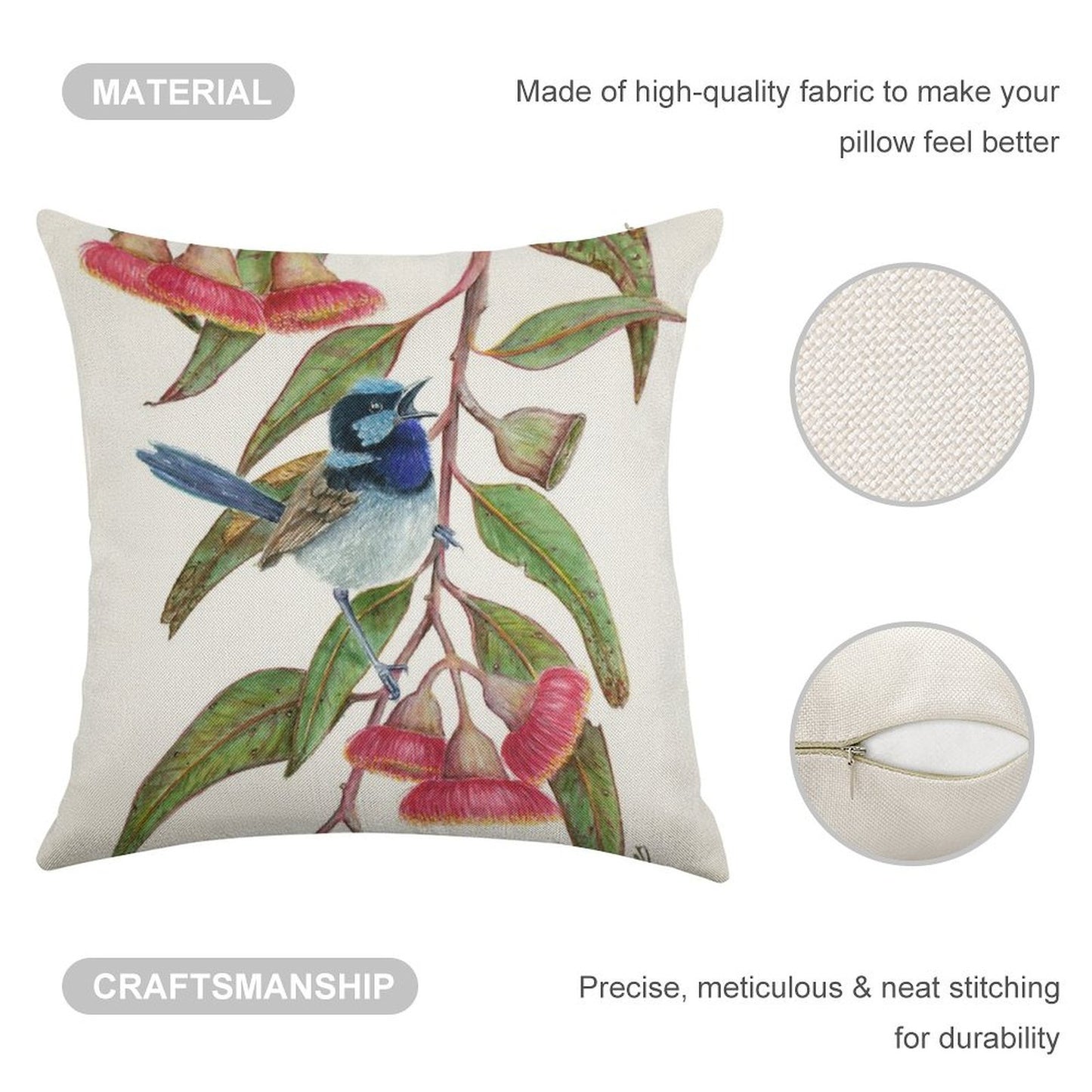 Splendid Fairywren in Silver Princess Linen Throw Pillow Cover