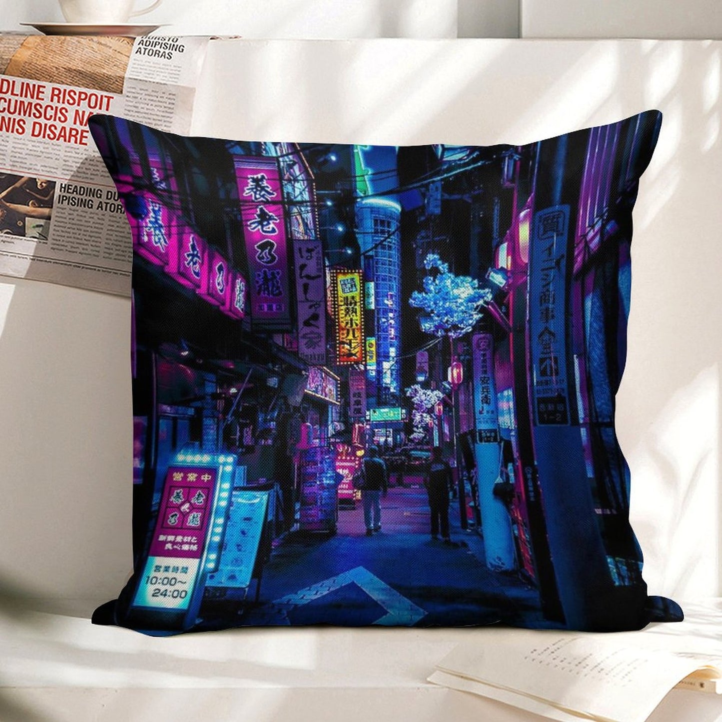 Blue Tokyo Alleys Linen Throw Pillow Cover