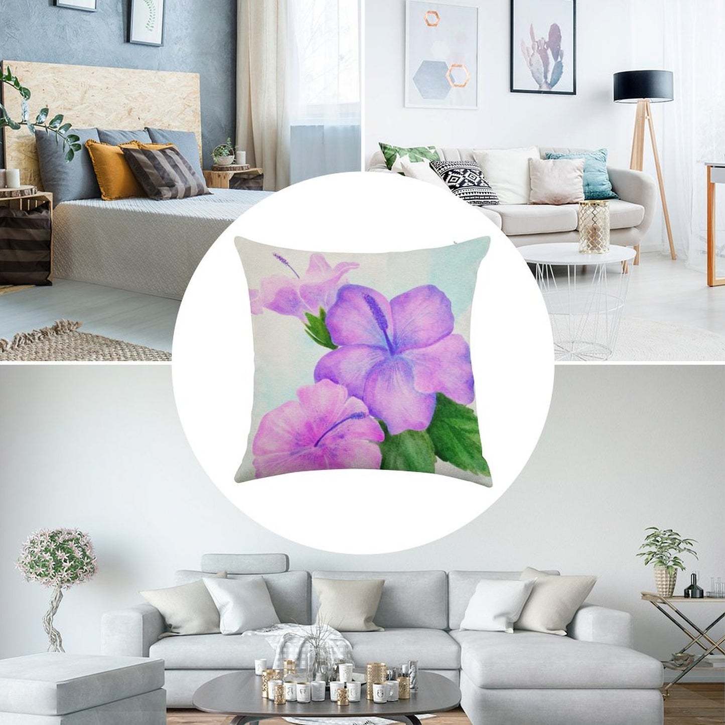 Hibiscus Watercolor Linen Throw Pillow Cover