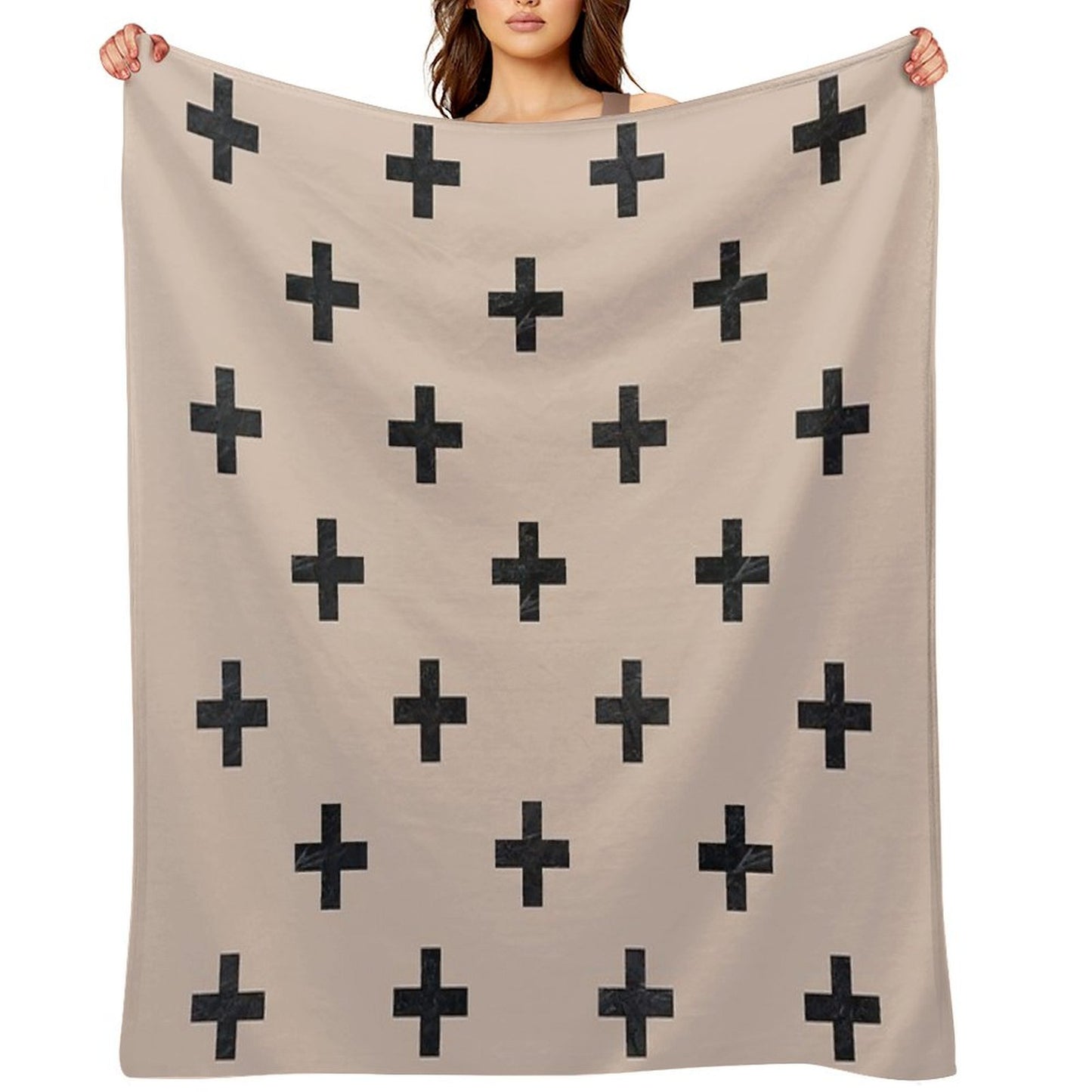 Beige And Black Textured Swiss Cross Pattern Throw Blanket
