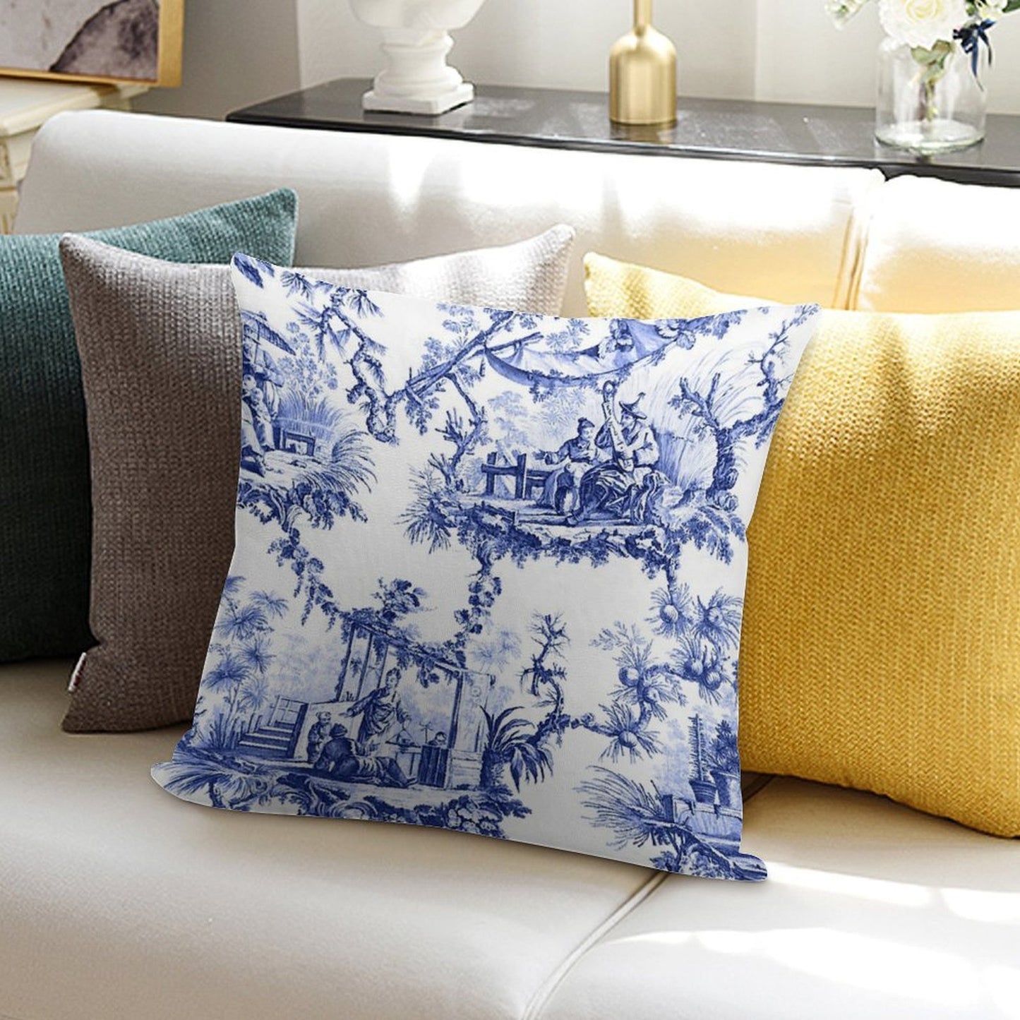 Blue Chinoiserie Toile Soft Hidden Zipper Throw Pillow
