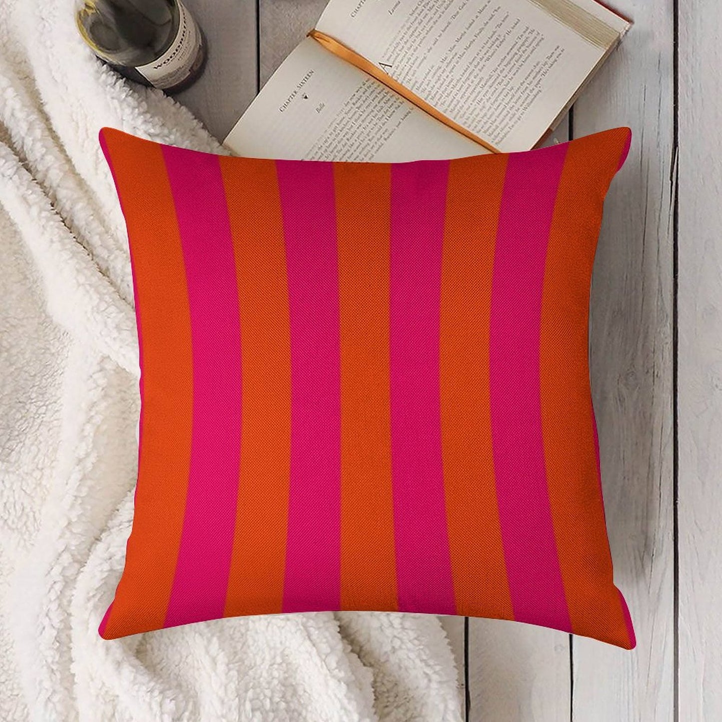 Bright Neon Pink And Orange Vertical Cabana Tent Stripes Linen Throw Pillow Cover