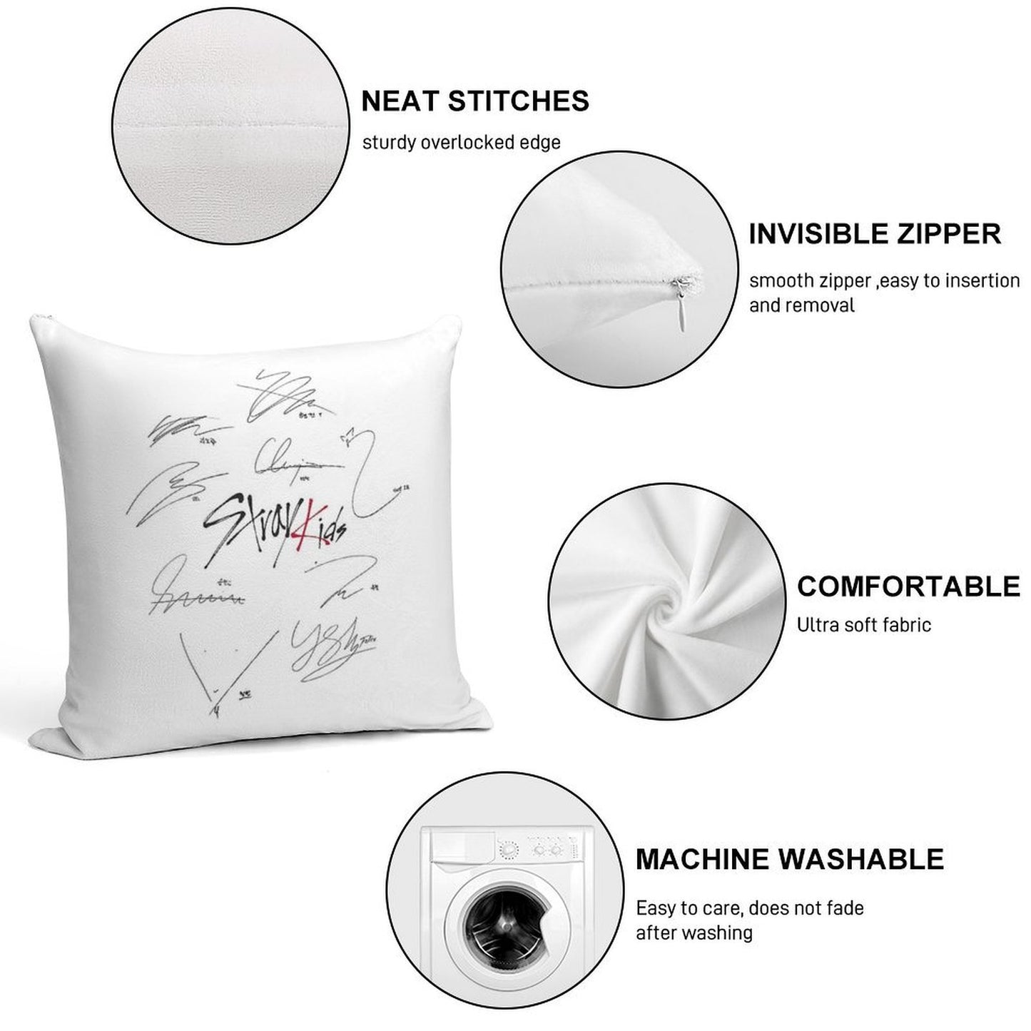 Stray Kids Ot9 - Signatures (white) Soft High-Density Material Throw Pillow