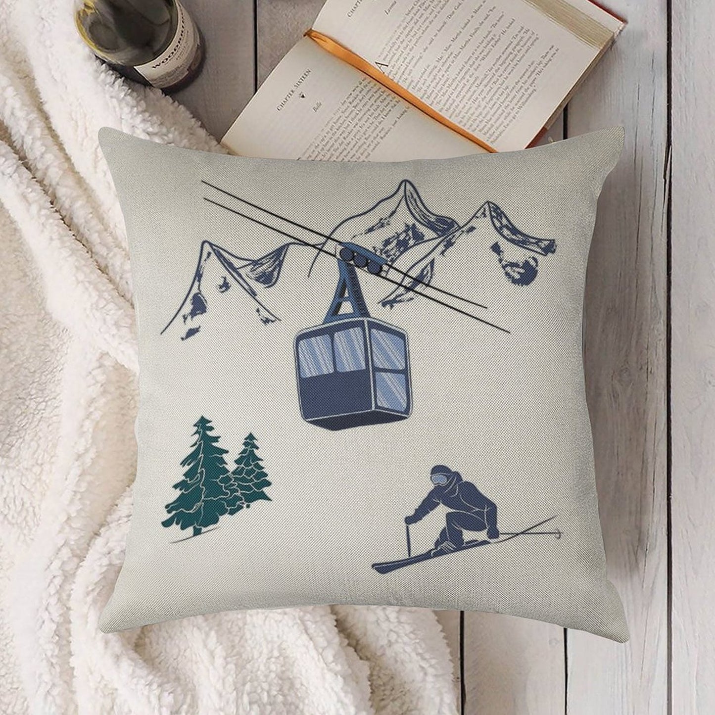 Ski Lift Resort Winter Sports Scene Linen Throw Pillow Cover