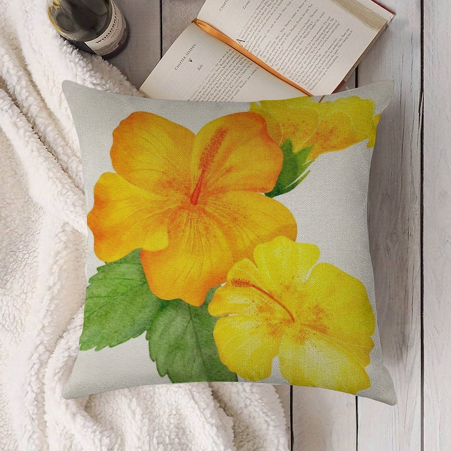 Yellow Hibiscus Watercolor Linen Throw Pillow Cover