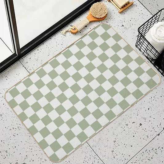 Checkerboard Mini Check Pattern in Sage Green And Off White Bath Mat