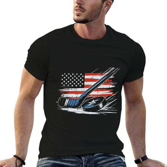 4th Of July Ice Hockey Stick Puck US Men Boys Kids Slim-fit Cut T-Shirt