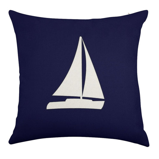Sailboat Silhouette On Navy Blue Linen Throw Pillow Cover