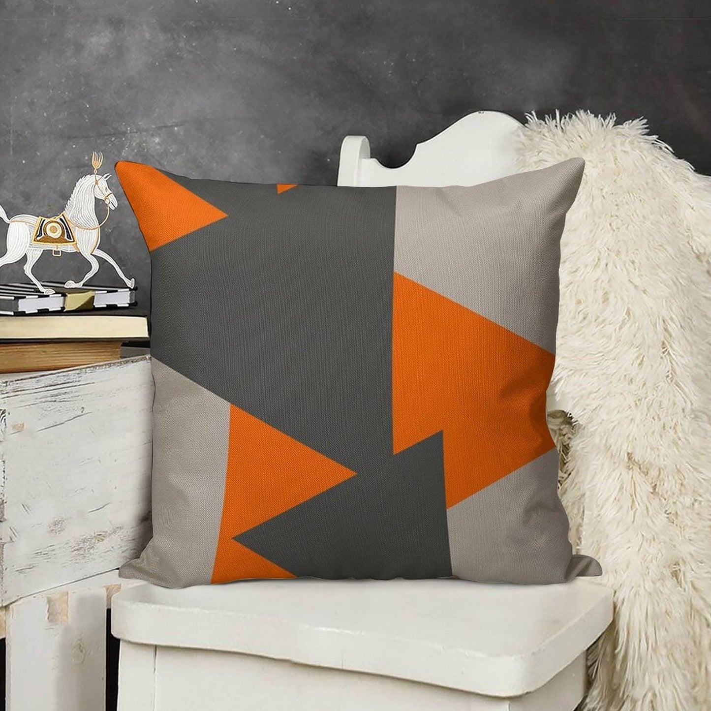 Orange And Grey Triangles Linen Throw Pillow Cover