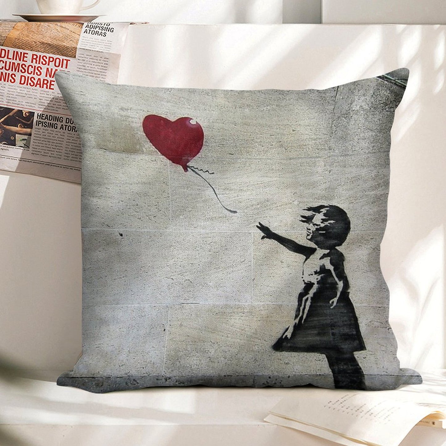 Banksy's Girl with A Red Balloon Linen Throw Pillow Cover