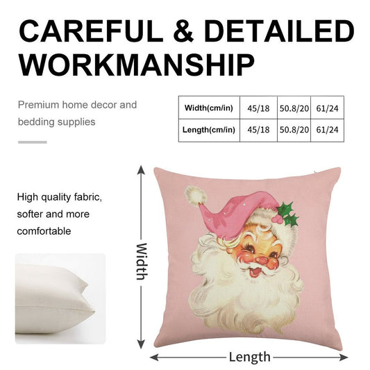 Retro Santa Claus Pink Linen Throw Pillow Cover