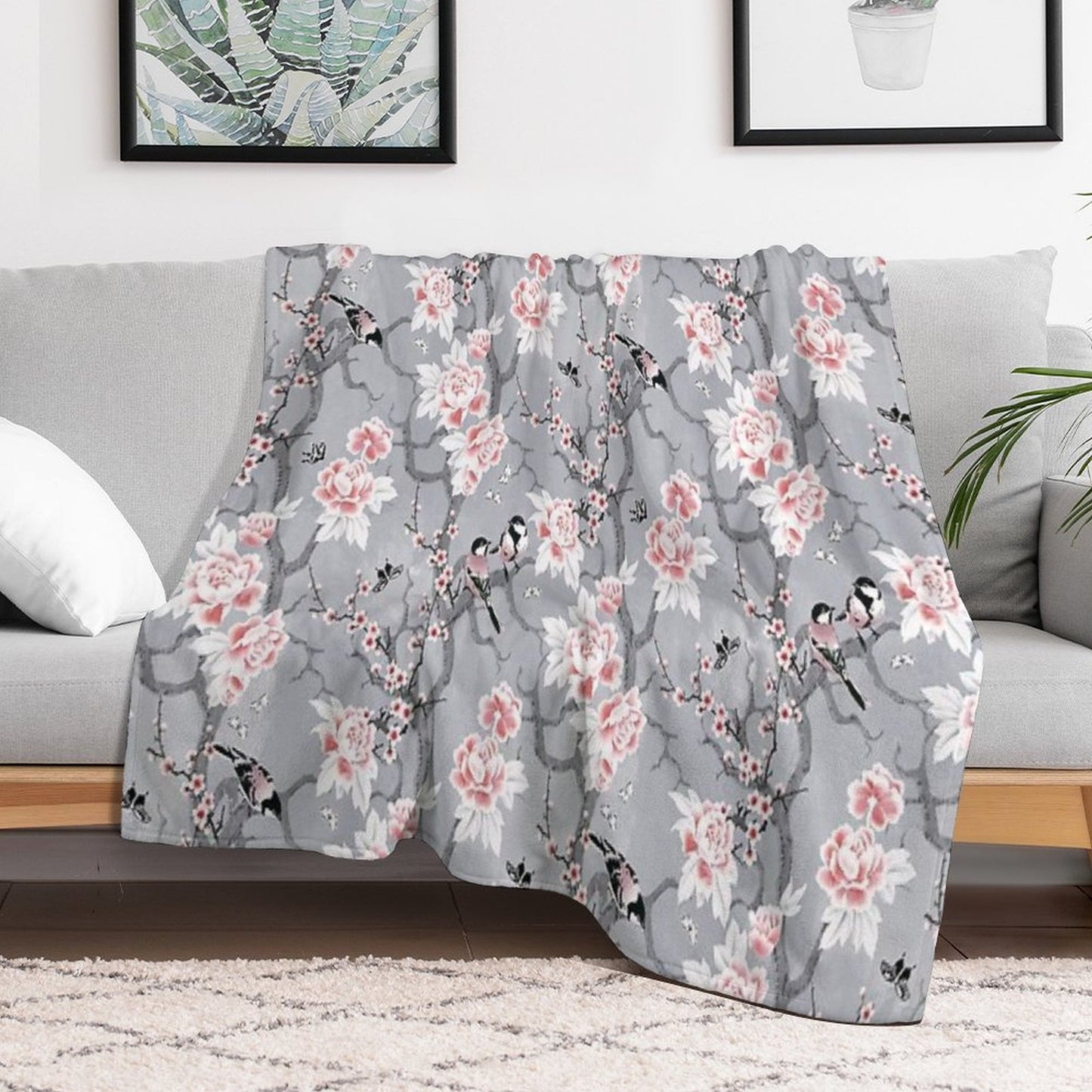 Chinoiserie Birds in Grey Throw Blanket