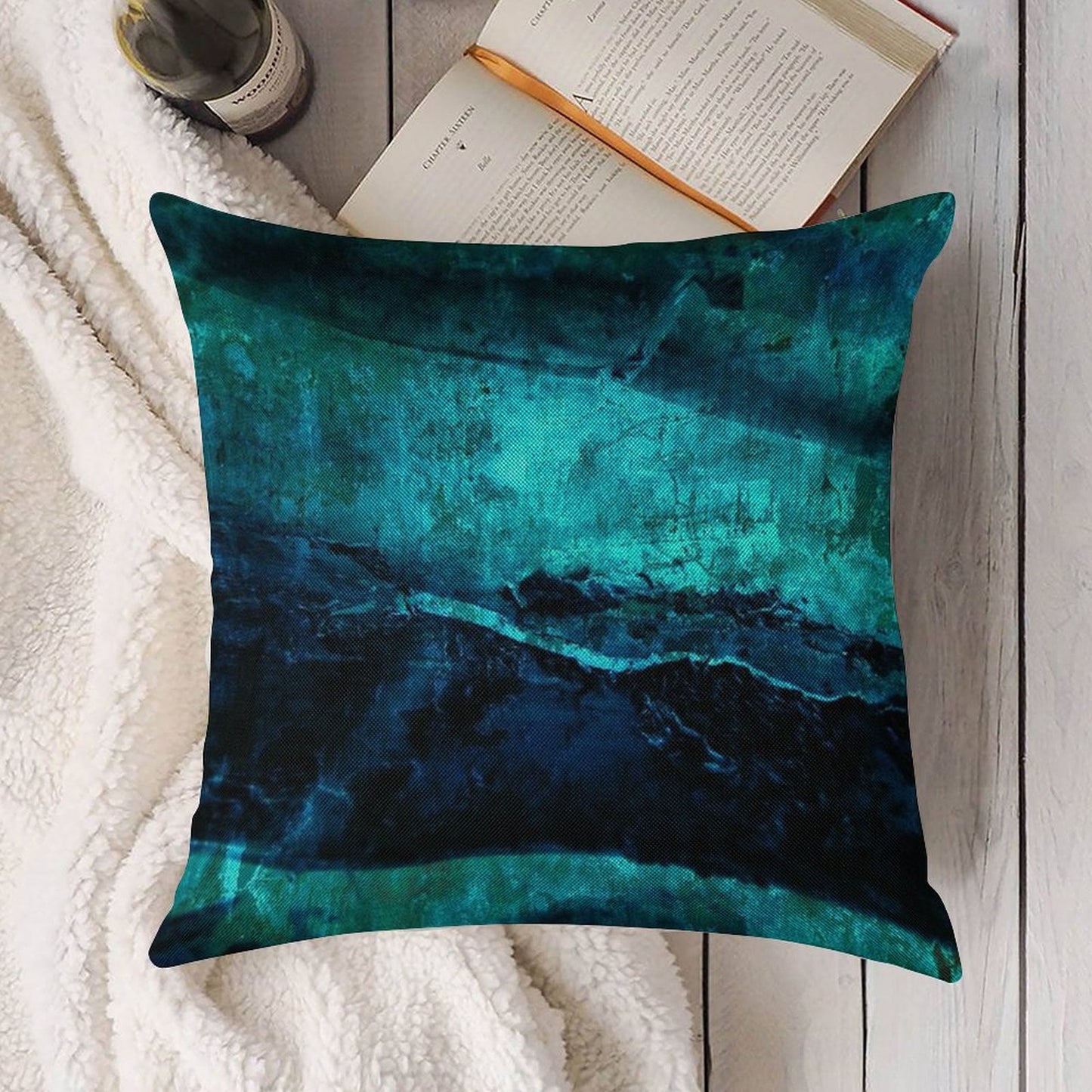 Beneath - Abstract in Navy Blue And Turquoise Linen Throw Pillow Cover