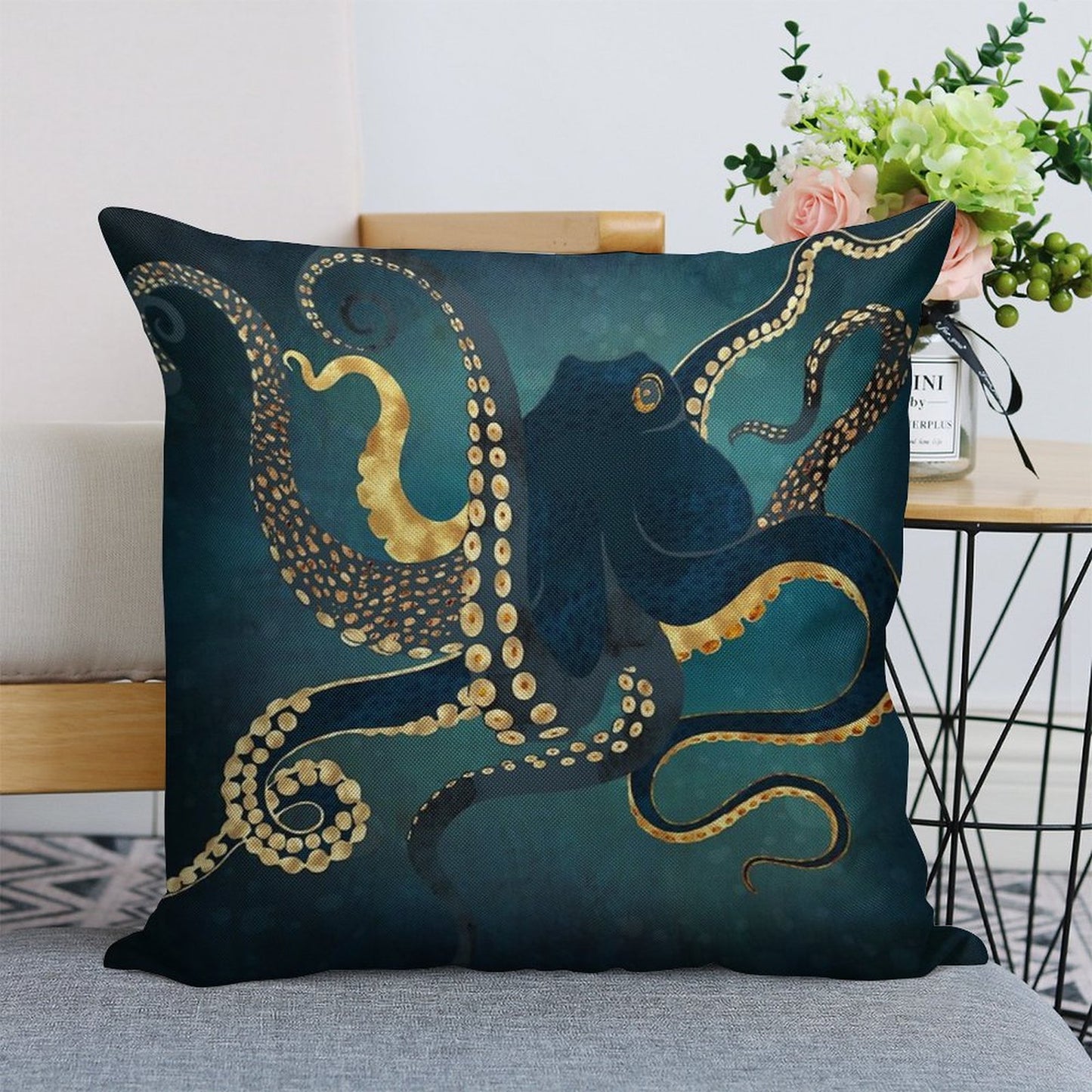 Metallic Octopus IV Linen Throw Pillow Cover