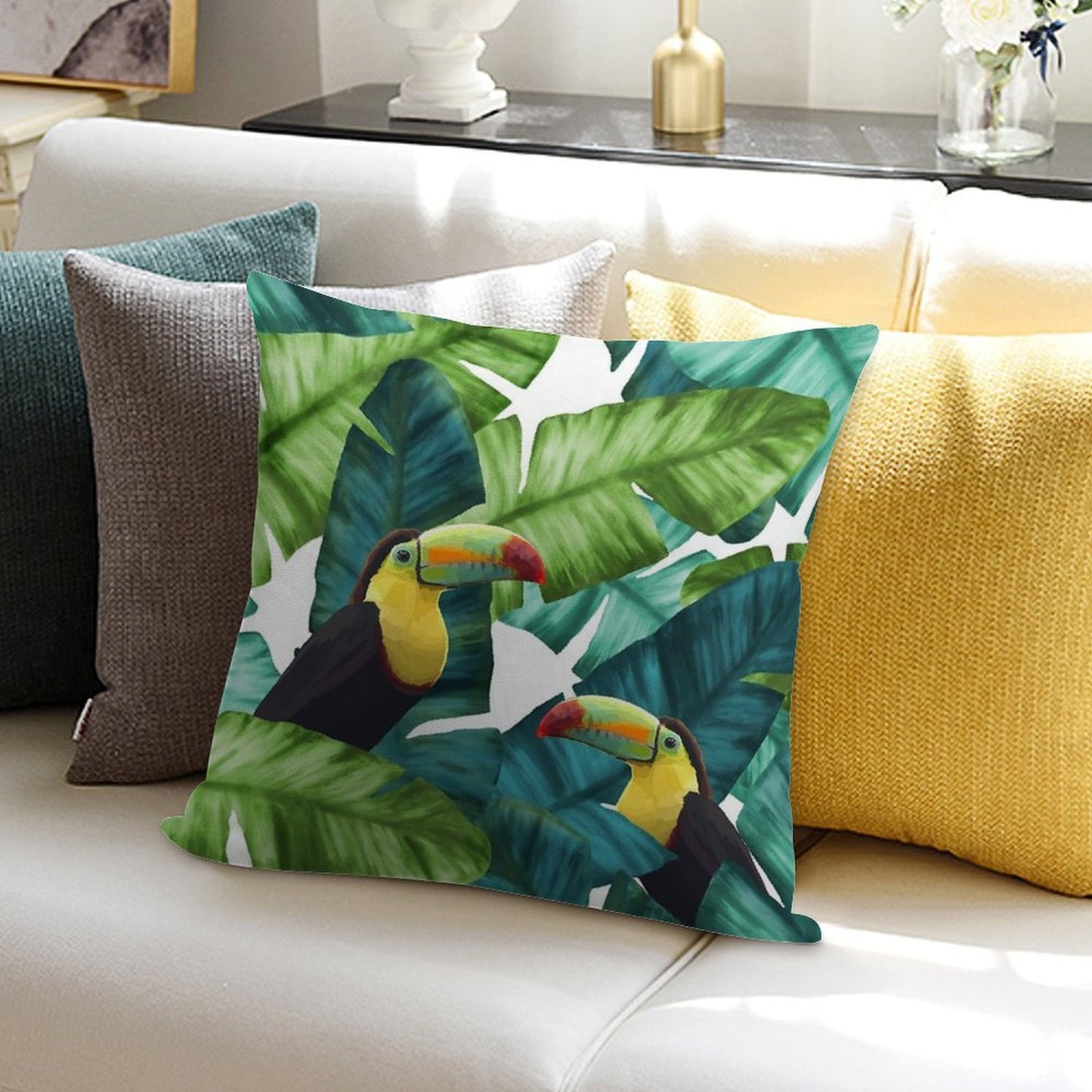Toucans Tropical Banana Leaves Pattern Soft Anti-Pilling Throw Pillow