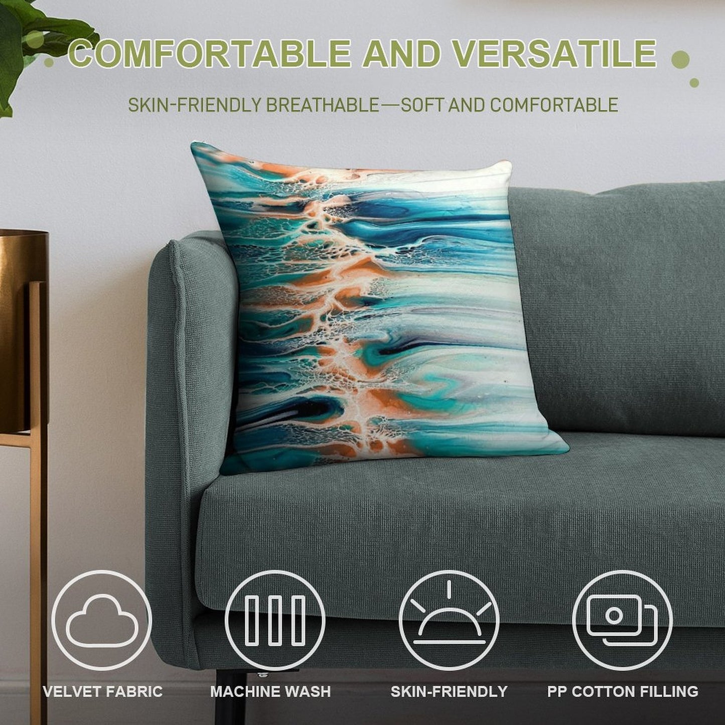 Coral, Blue, Teal, And Grey Ocean Inspired Abstract Fluid Art Soft Ultra-Soft Texture Throw Pillow