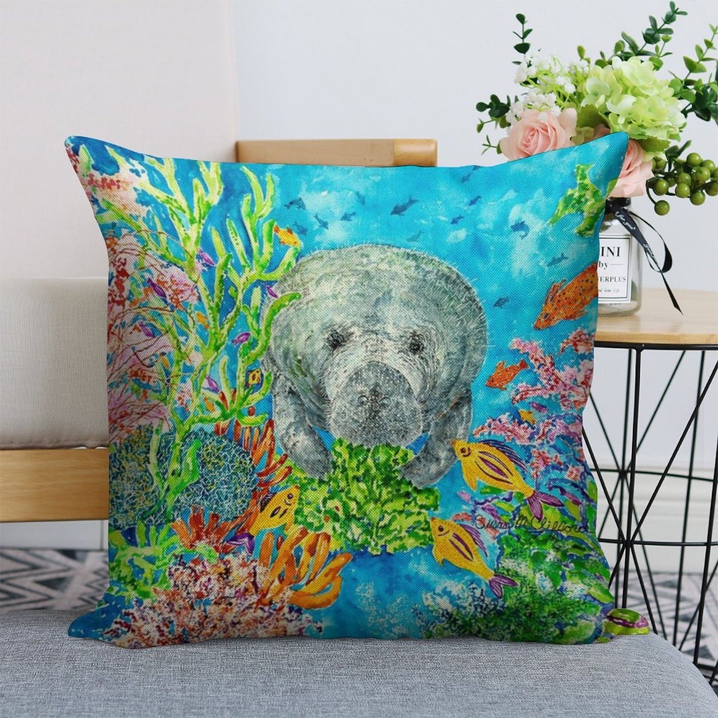 Manatee Lunchtime Linen Throw Pillow Cover