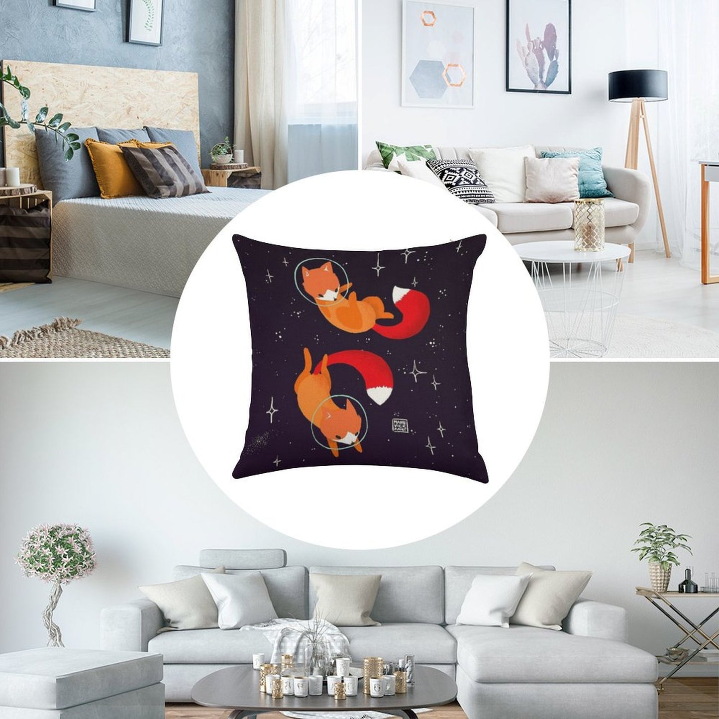 Space Foxes Linen Throw Pillow Cover