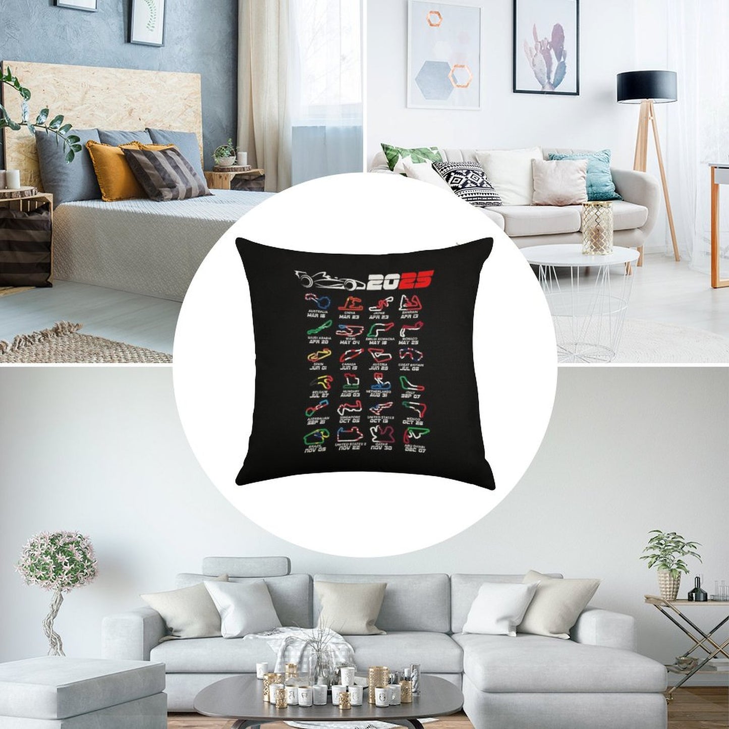Calendar Formula Race Cars 2025 Circuits Colors Linen Throw Pillow Cover