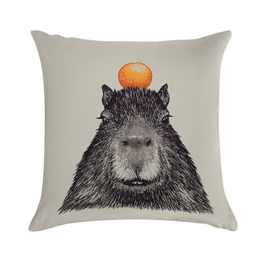 Capybara  Orange  Capy Yuzu  Capybara with Orange on Head  His Name - Gort  Portrait Soft Fade-Resistant Throw Pillow
