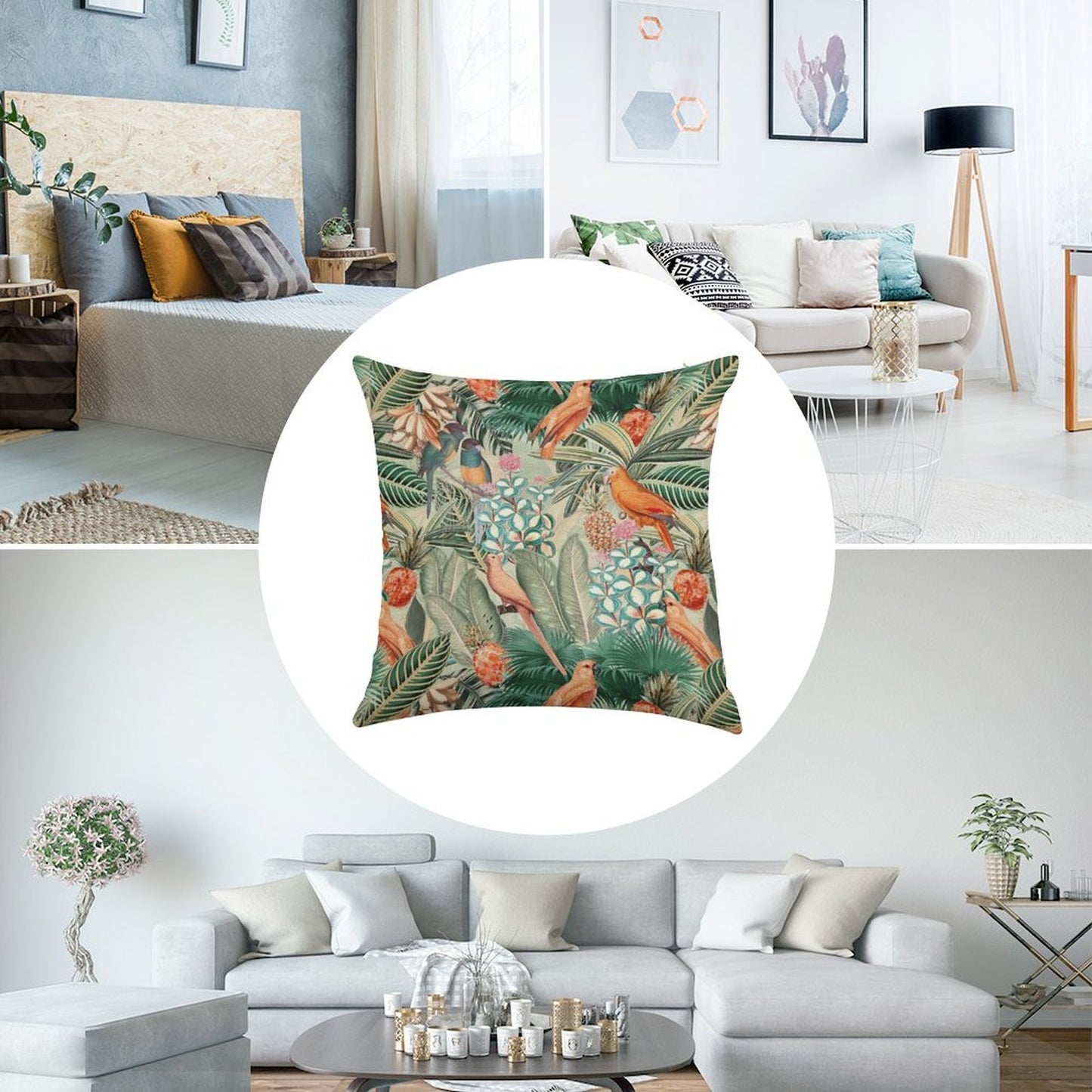 Vintage Orange Tropical Bird Jungle Botanical Garden Nightgarden Linen Throw Pillow Cover