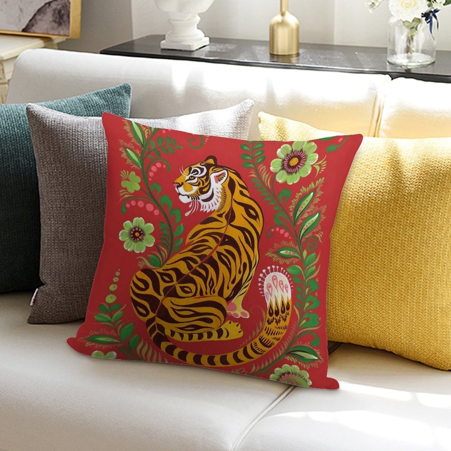 Tiger Folk Art Soft Skin-Friendly Throw Pillow