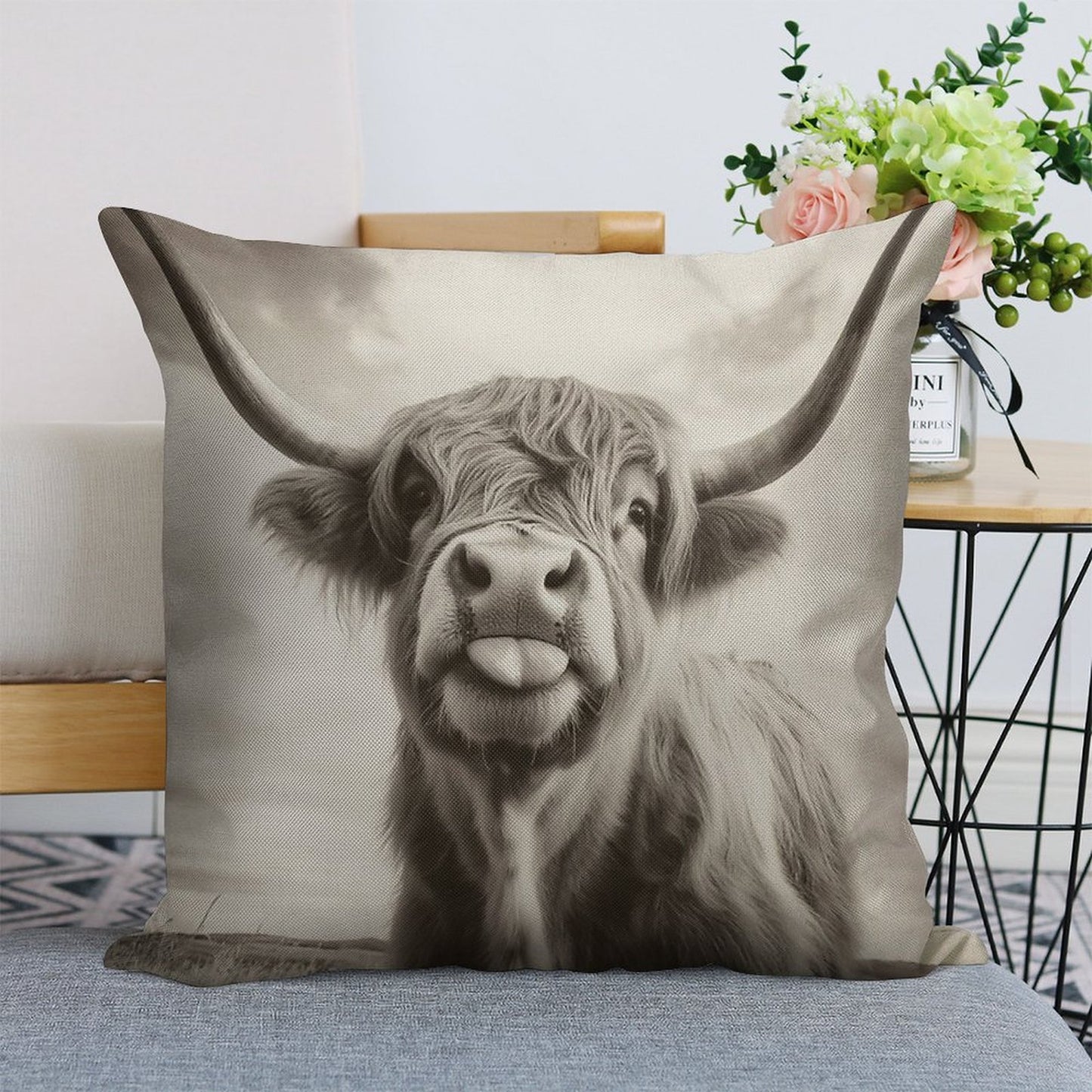 Cheeky Highland Cow Linen Throw Pillow Cover