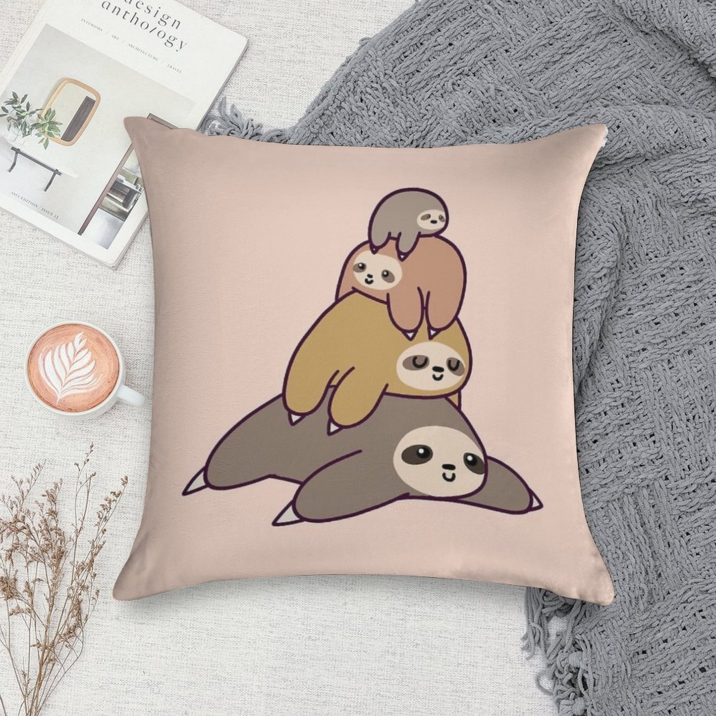 Sloth Stack Soft Short Plush Fabric Throw Pillow