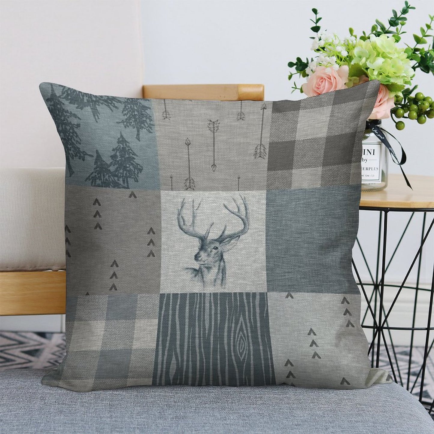 Deer Patchwork - Rustic Blue And Grey Linen Throw Pillow Cover