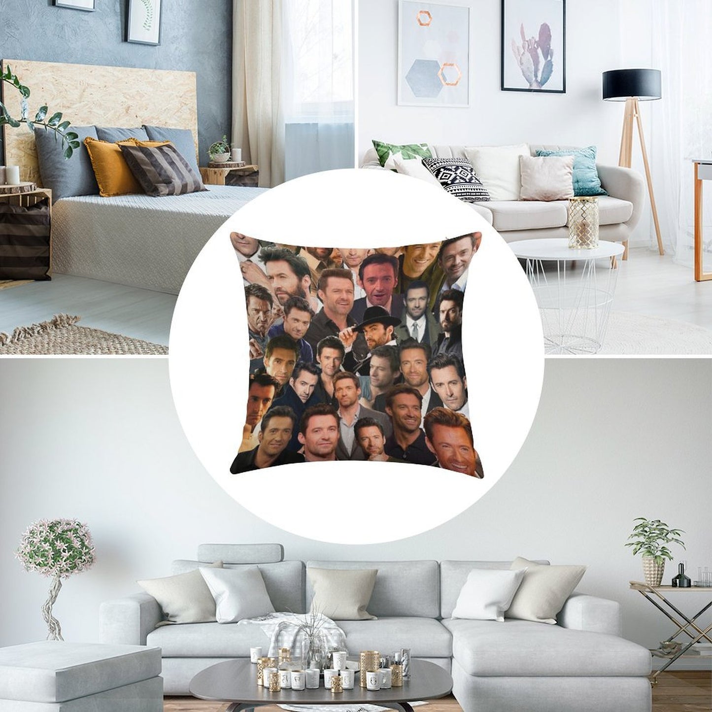Hugh Jackman Photo Collage Linen Throw Pillow Cover