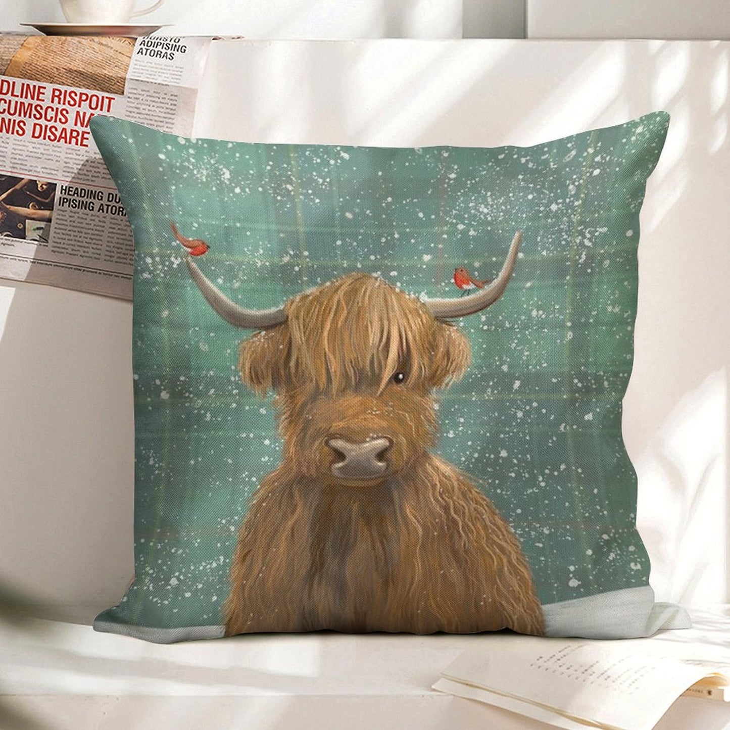 Scottish Highland Cow Winter Robins Tartan Linen Throw Pillow Cover