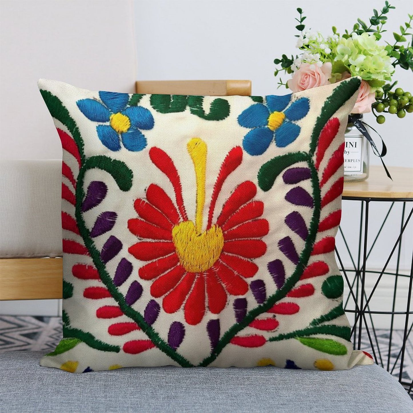Mexican Flowers Linen Throw Pillow Cover
