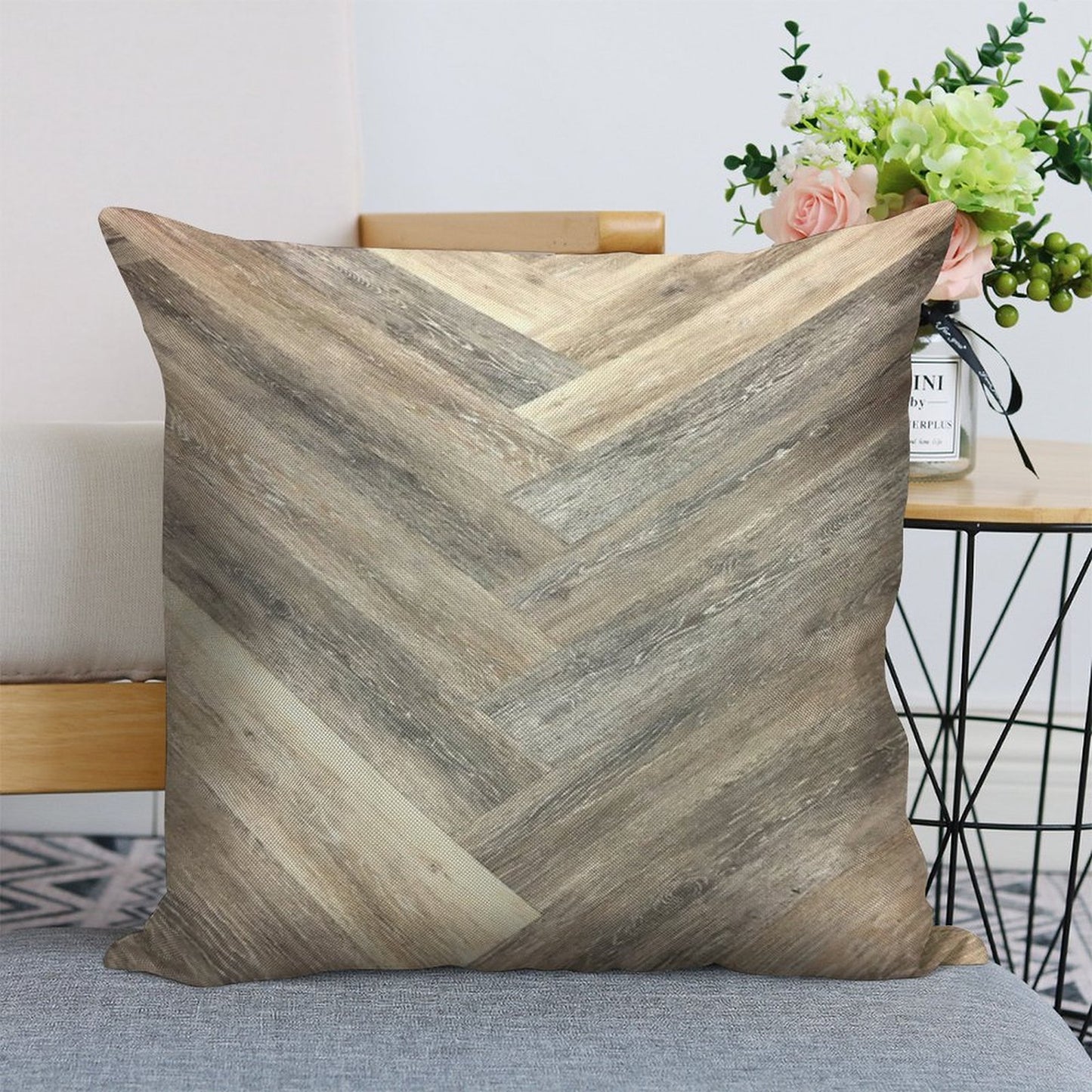 Contemporary Caramel Brown Grey Beige Farmhouse Barn Wood Linen Throw Pillow Cover