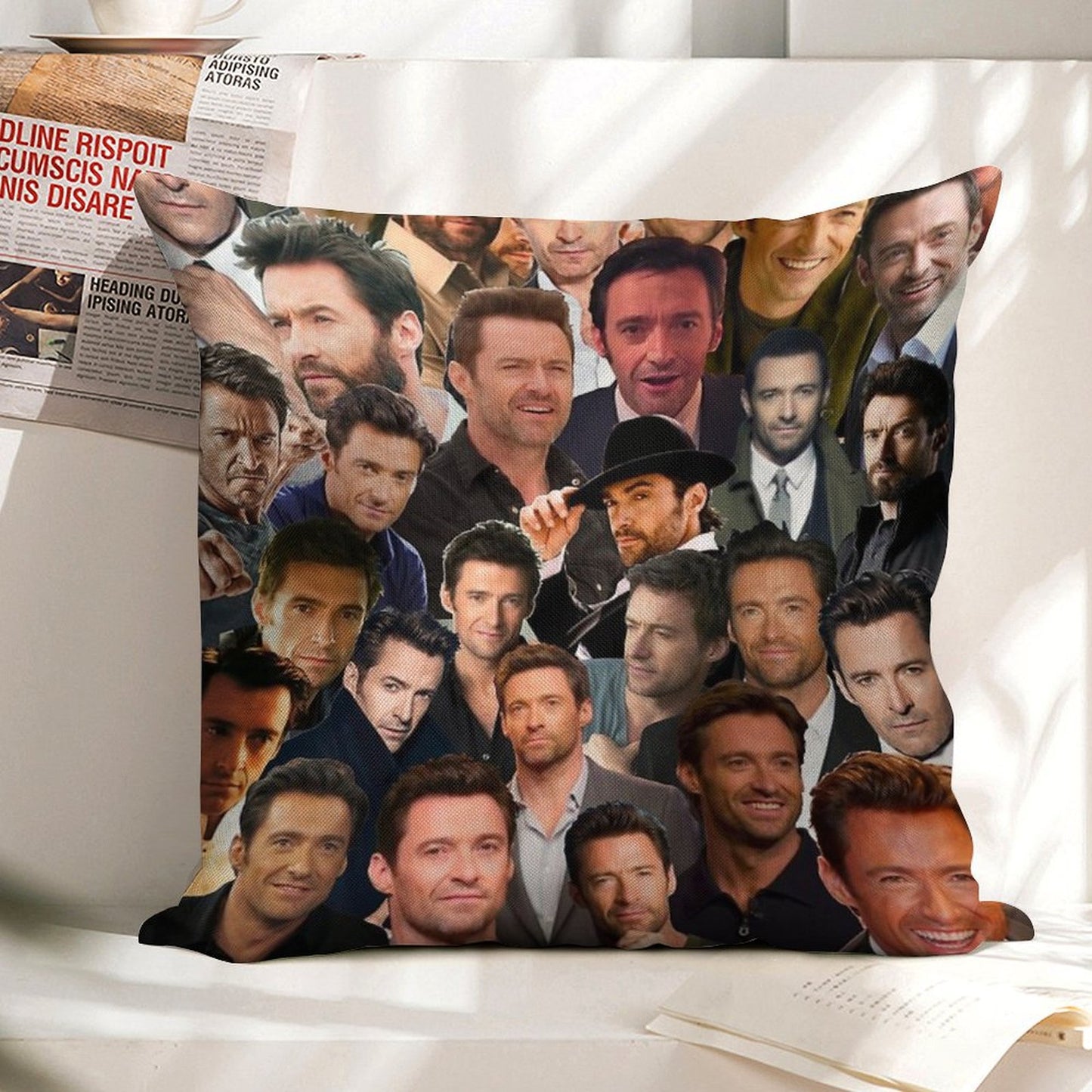 Hugh Jackman Photo Collage Linen Throw Pillow Cover
