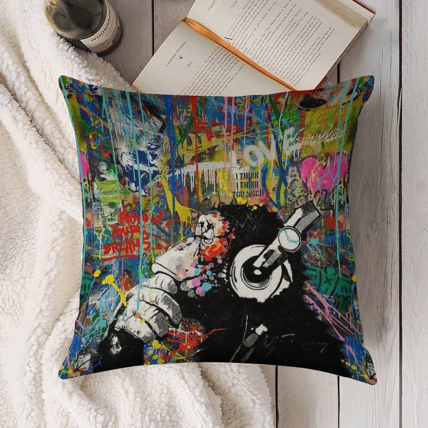 Monkey Thinker - Banksy Urban Contemporary Colorful Street Art - DJ Chimp Linen Throw Pillow Cover