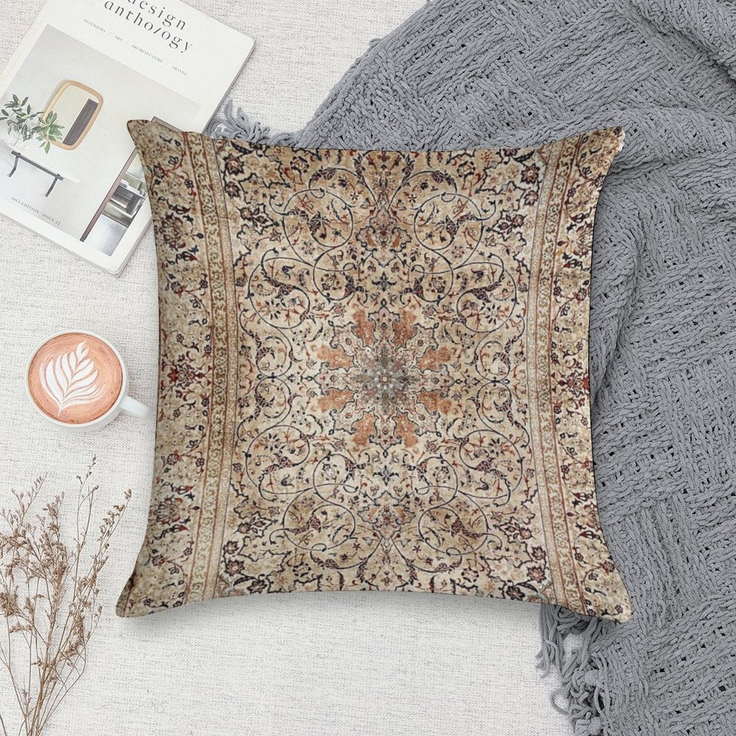 Silk Esfahan Persian Carpet Print Soft Style Accent Throw Pillow