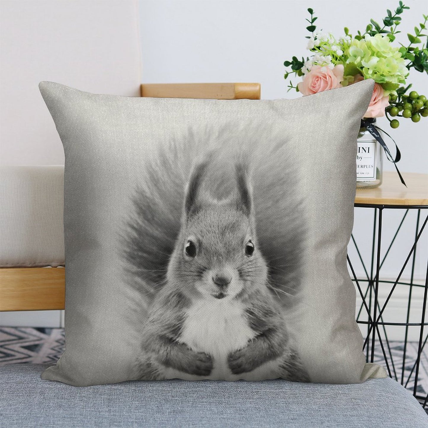 Squirrel 2 - Black & White Linen Throw Pillow Cover