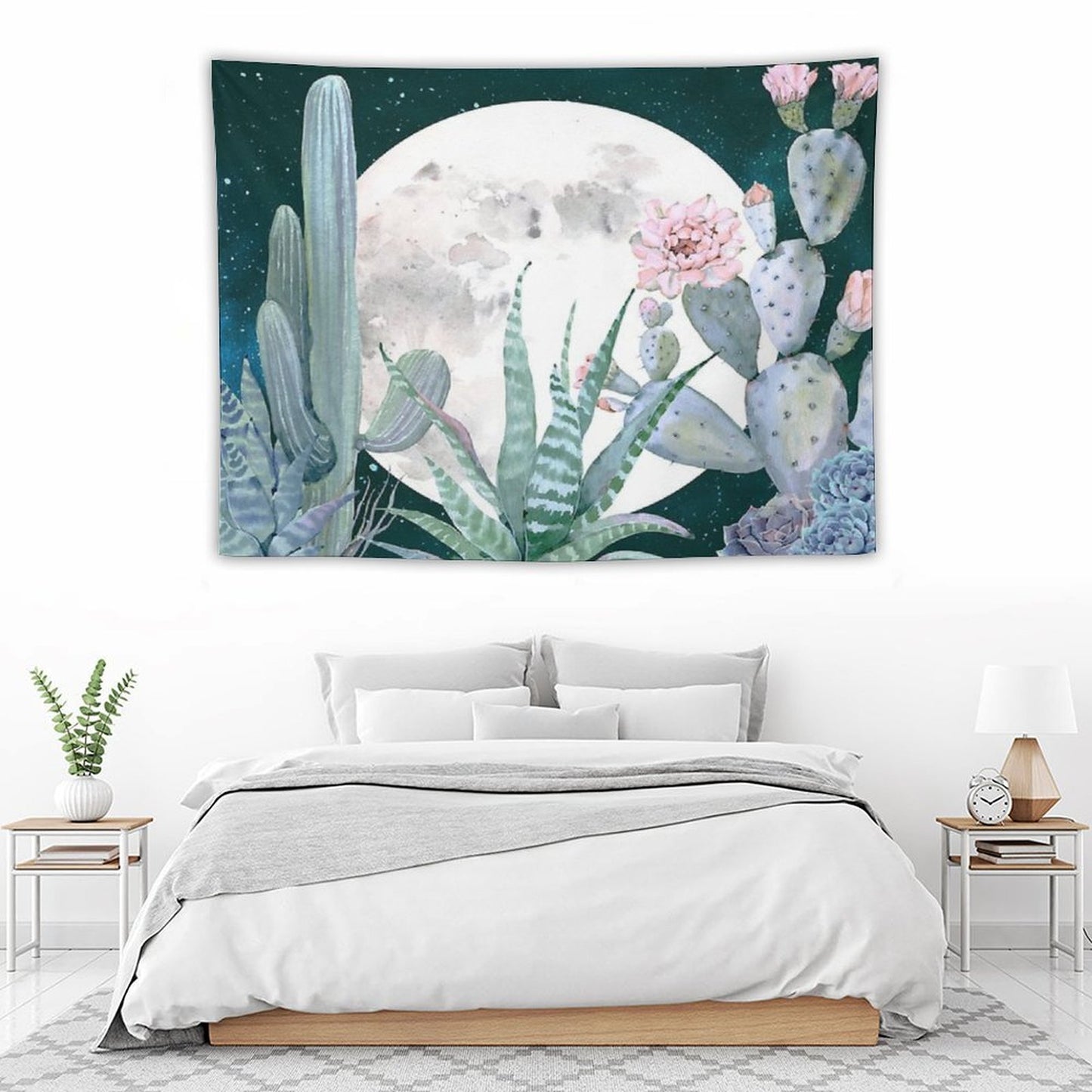 Cactus Nights Pretty Pink And Blue Desert Stars Cacti Illustration Tapestry
