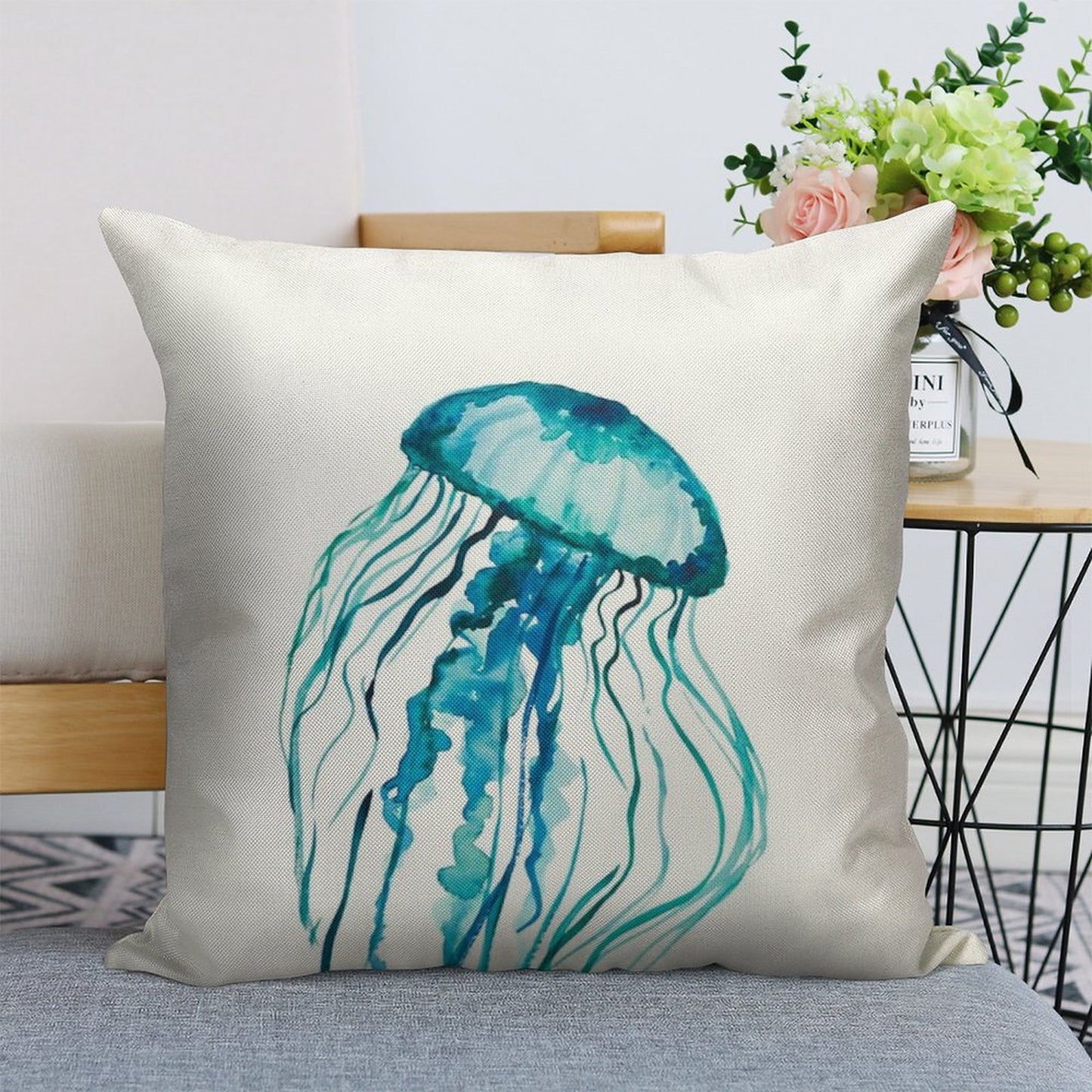 Watercolor Jellyfish Linen Throw Pillow Cover